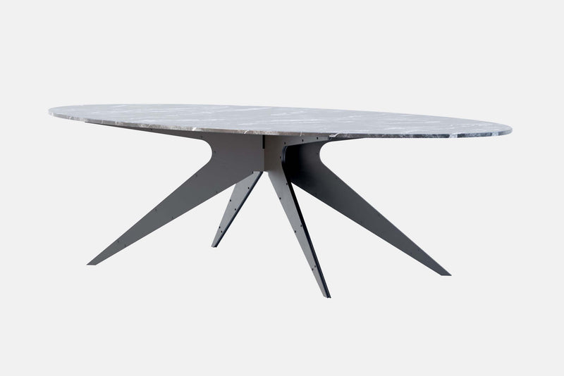 Showcasing contemporary industrial design met with elegant lines, the DEAN Dining Table features Italian and Turkish marbles set atop its layered metallic legs.