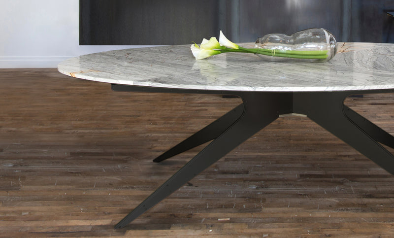 Showcasing contemporary industrial design met with elegant lines, the DEAN Dining Table features Italian and Turkish marbles set atop its layered metallic legs.