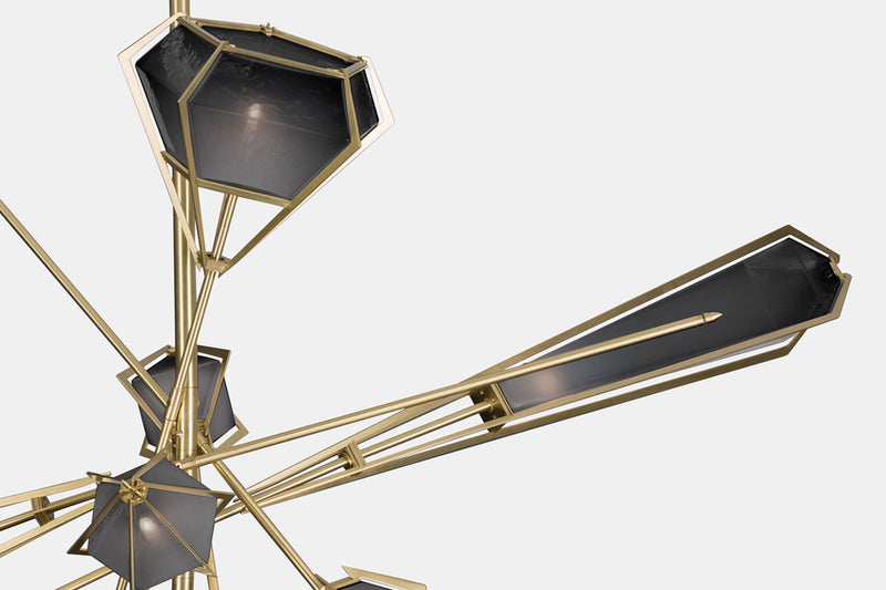 A veritable showstopper, the Harlow Large Chandelier offers luxury in an elegant starburst of light that reflects and refracts through its mold-blown glass shade. Not only designed as a contemporary steel chandelier this made-to-order lighting fixture is also available in bronze, copper, nickel and brass.