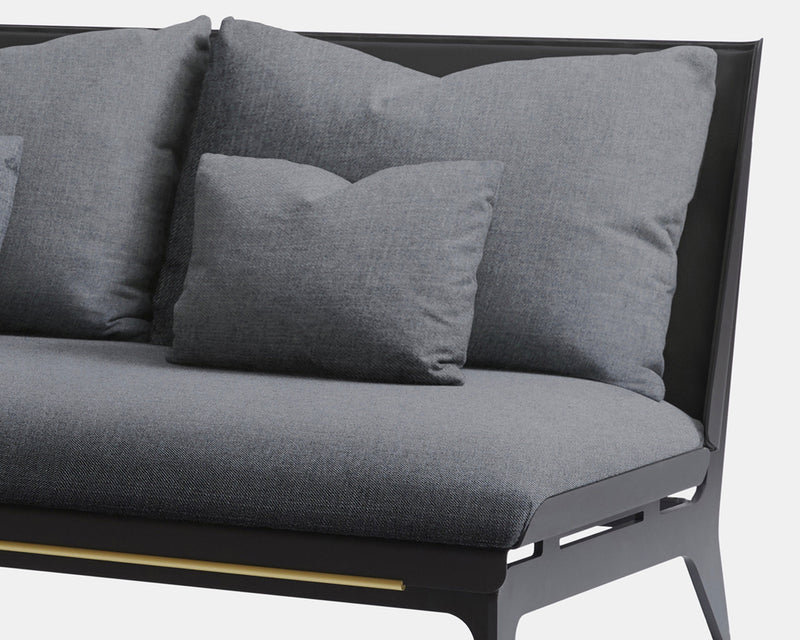 Gabriel Scott’s Boudoir Loveseat makes lounging an elegant experience by instilling depth and movement into the piece. With options of Matte Black, satin brass, nickel or copper hardware embellishments to complement the black metal frame.