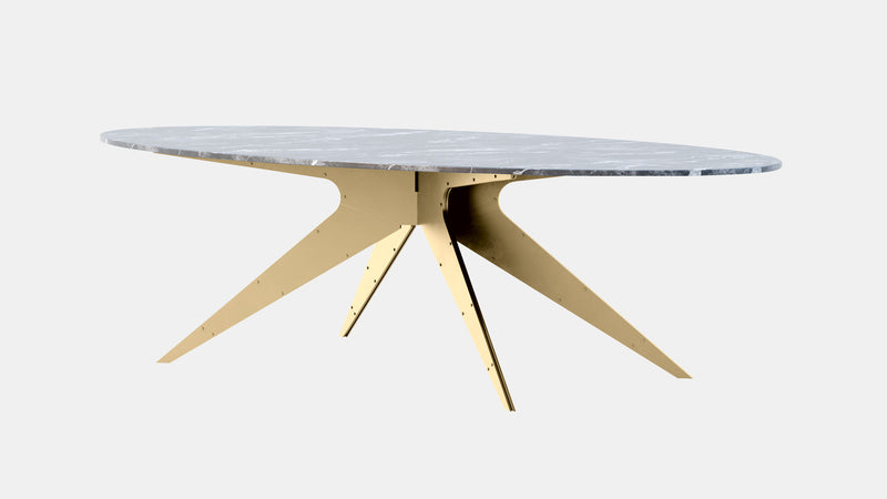 Showcasing contemporary industrial design met with elegant lines, the DEAN Dining Table features Italian and Turkish marbles set atop its layered metallic legs.