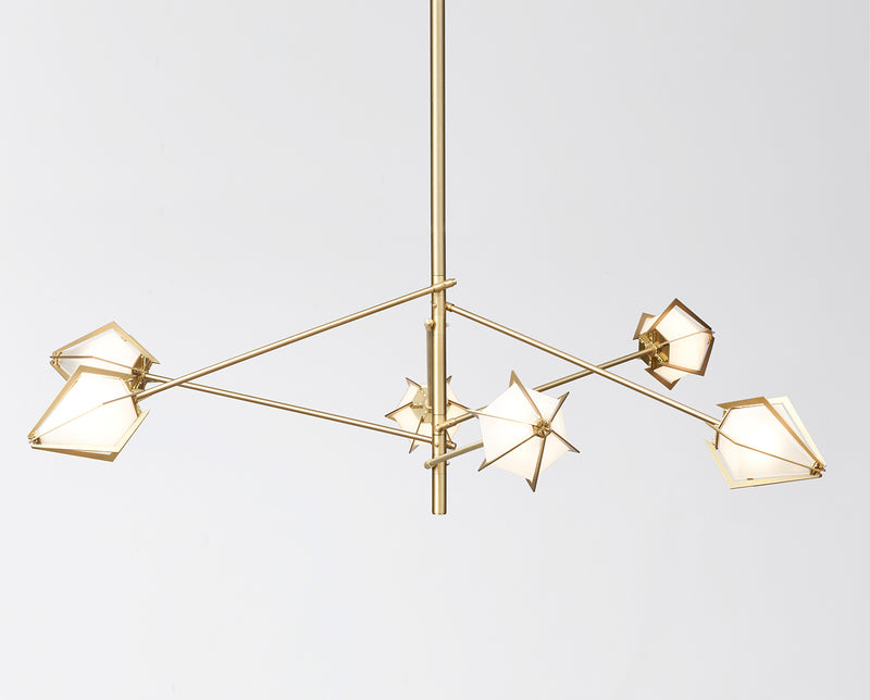 Inspired by jewelry design, the made to order Harlow Spoke Chandelier elevates any room with a touch of glamor through its mold-blown glass shades and metallic frames. This bespoke pendant lighting is a handmade glass chandelier for luxury interior design.
