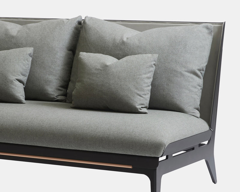 Gabriel Scott’s Boudoir Loveseat makes lounging an elegant experience by instilling depth and movement into the piece. With options of black steel, satin brass, nickel or copper hardware embellishments to complement the black metal frame.