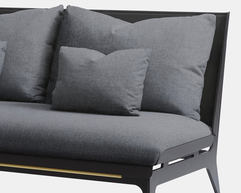 Gabriel Scott’s Boudoir Loveseat makes lounging an elegant experience by instilling depth and movement into the piece. With options of black steel, satin brass, nickel or copper hardware embellishments to complement the black metal frame.