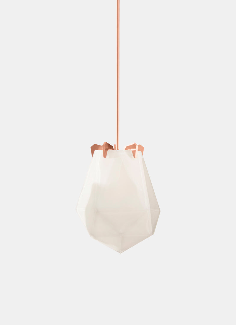 A powerful warm light diffused through double-blown glass, the BRIOLETTE showcases striking prismatic contours held by metallic prongs. This handmade glass pendant lighting by contemporary lighting designer, Gabriel Scott is a perfect addition to modern interior design.