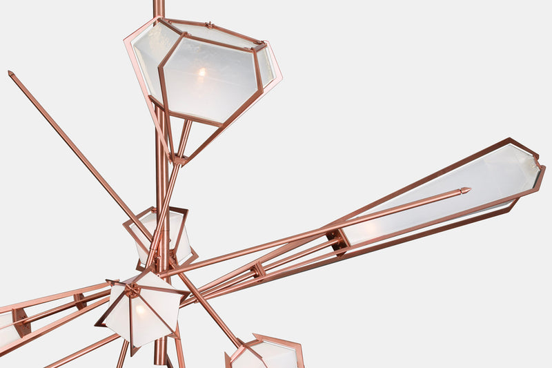 A veritable showstopper, the Harlow Large Chandelier offers luxury in an elegant starburst of light that reflects and refracts through its mold-blown glass shade. Not only designed as a contemporary steel chandelier this made-to-order lighting fixture is also available in bronze, copper, nickel and brass.